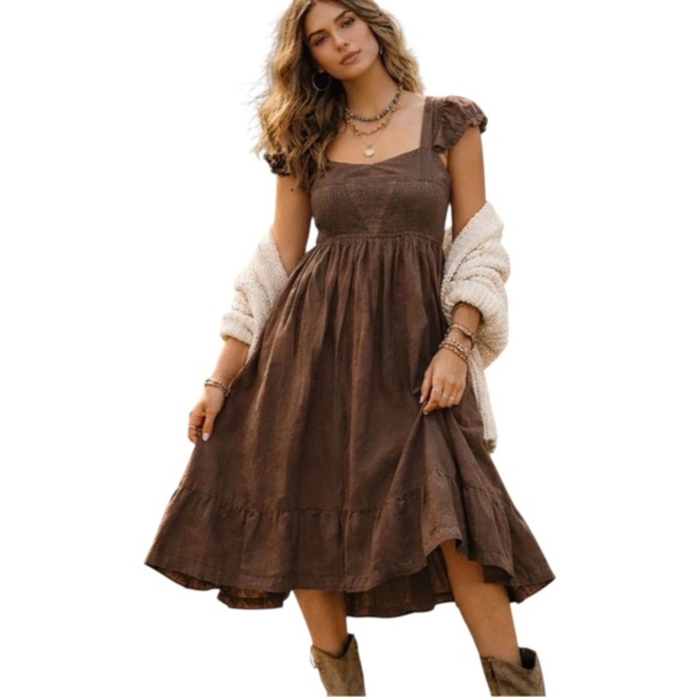 Maeve Brown Cotton Smocked Empire Waist Midi Dress Boho Cottagecore Size 2